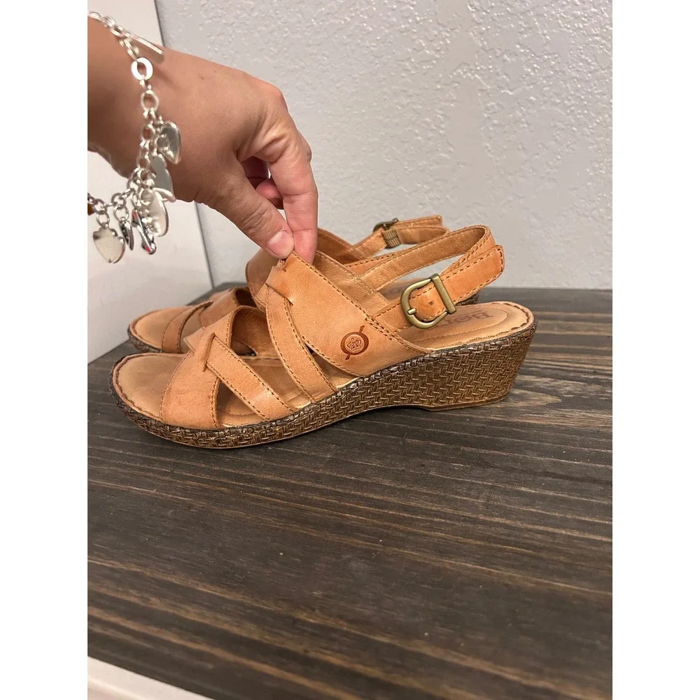 Born‎ Tan Leather Strappy Wedge Sandals 6M Slingback Boho Vacation Summer Spring